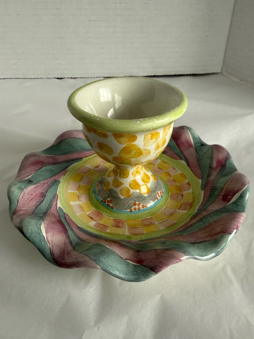 VTG MacKenzie-Childs "Cayuga" Egg Cup Attached Saucer Ruffled Pink Green 1991